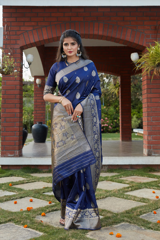 Navy Color Wedding Wear Beautiful Banarasi Weaving Silk Saree