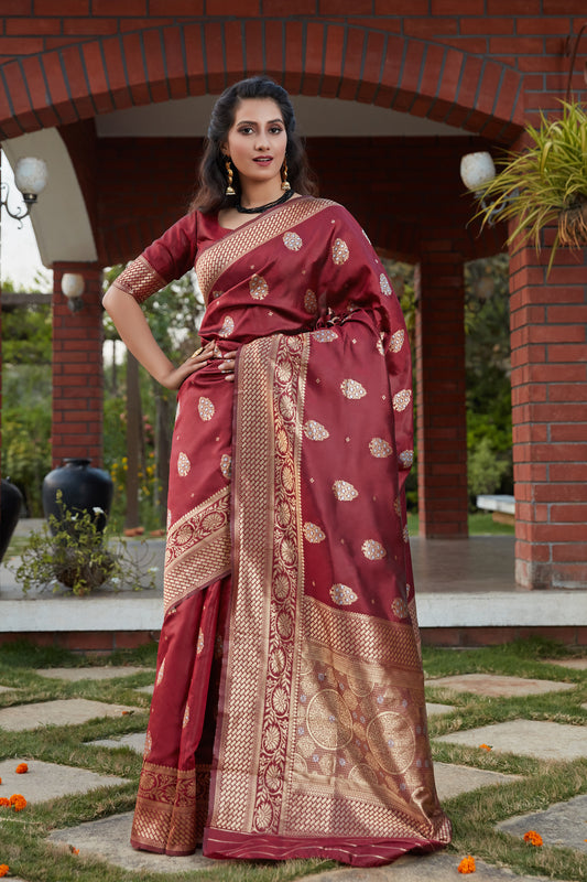 Wine Color Wedding Wear Beautiful Banarasi Weaving Silk Saree