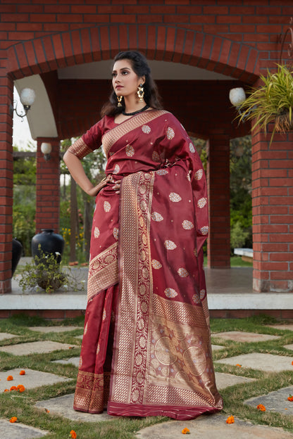 Wine Color Wedding Wear Beautiful Banarasi Weaving Silk Saree