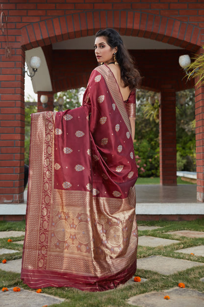 Wine Color Wedding Wear Beautiful Banarasi Weaving Silk Saree