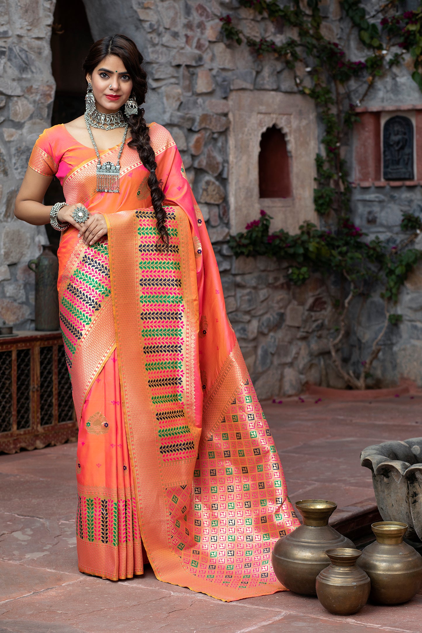 Pink Banarasi Weaving Silk Exclusive Saree