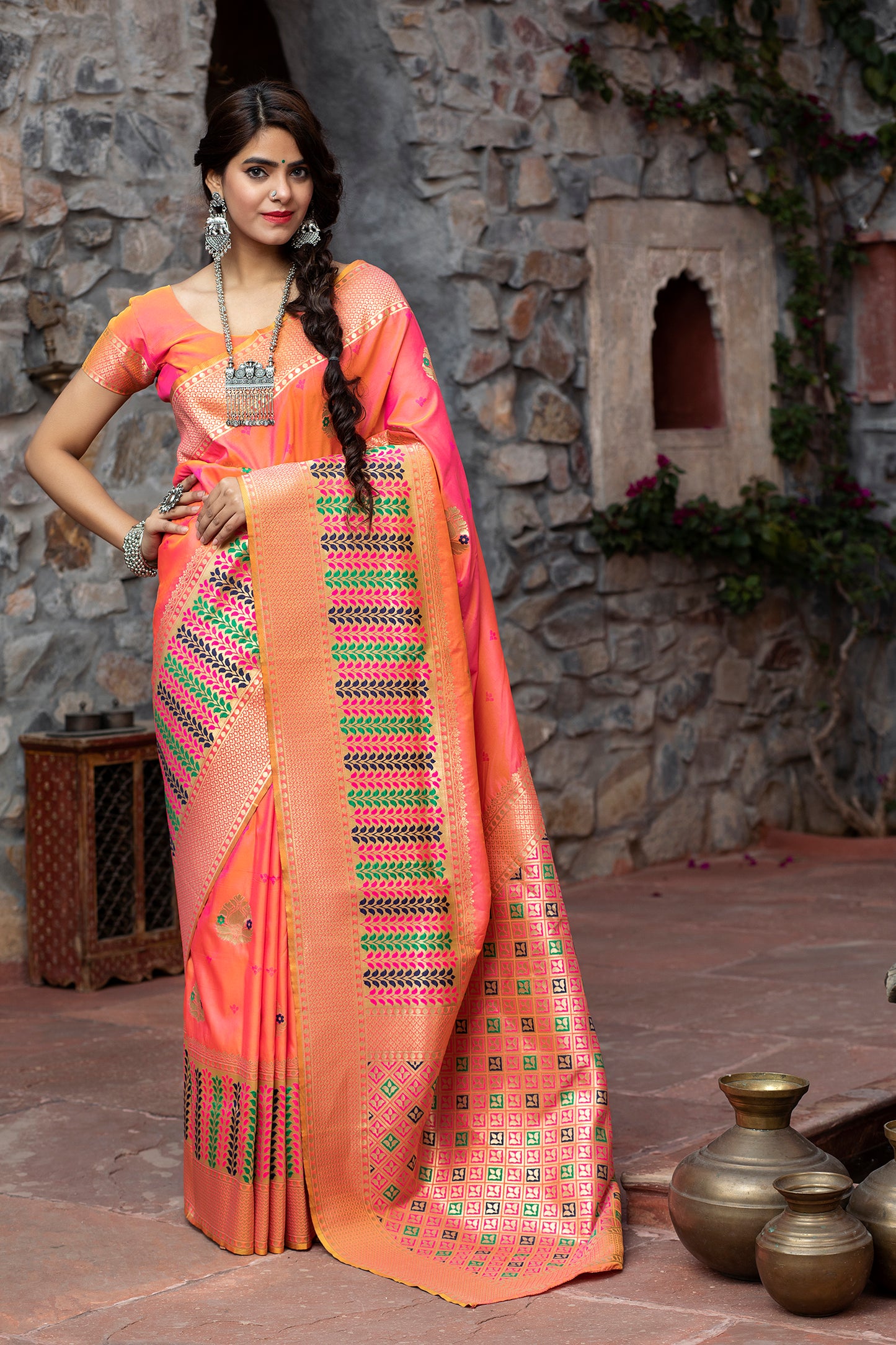 Pink Banarasi Weaving Silk Exclusive Saree