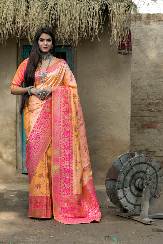 Light Orange Banarasi Weaving Silk Exclusive Saree