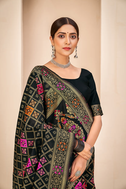 Black Color Beautiful Banarasi Silk With Patola Weaving Silk Saree