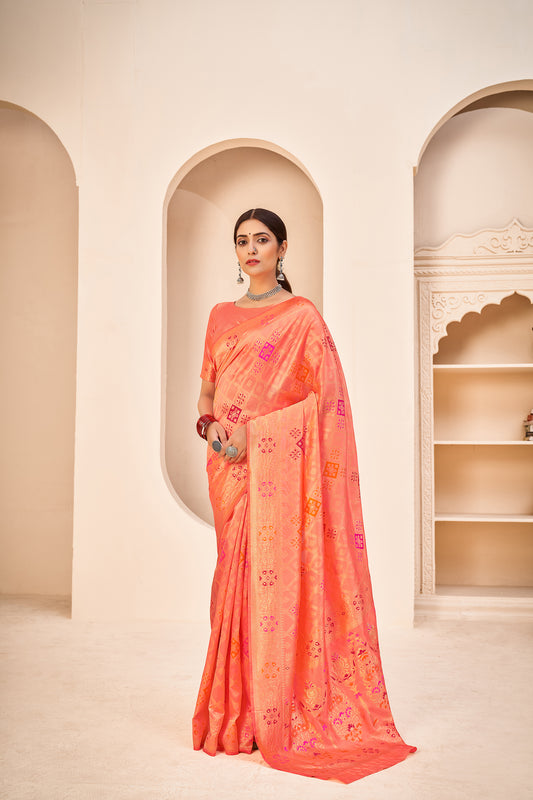 Peach Color Banarasi Silk With Patola Weaving Silk Saree