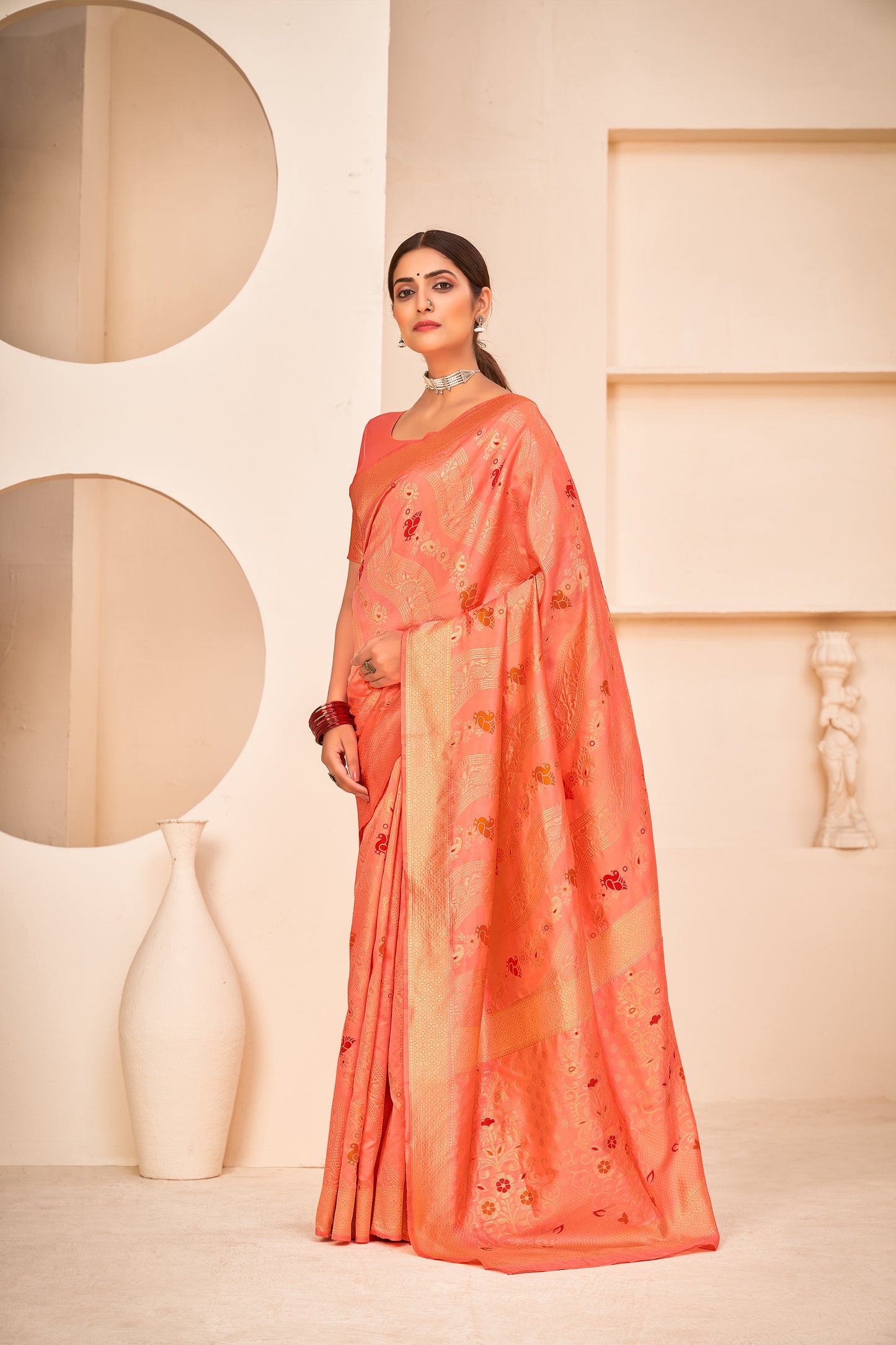 Peach Color Banarasi Silk With Patola Weaving Silk Weeding Wear Saree