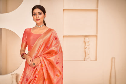 Peach Color Banarasi Silk With Patola Weaving Silk Weeding Wear Saree