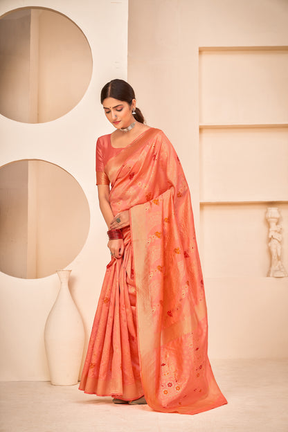 Peach Color Banarasi Silk With Patola Weaving Silk Weeding Wear Saree