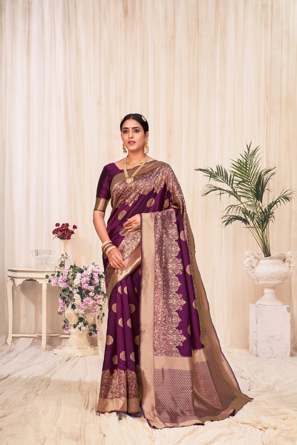 Wine Color Wedding Wear Banarasi Weaving Silk Saree For Women