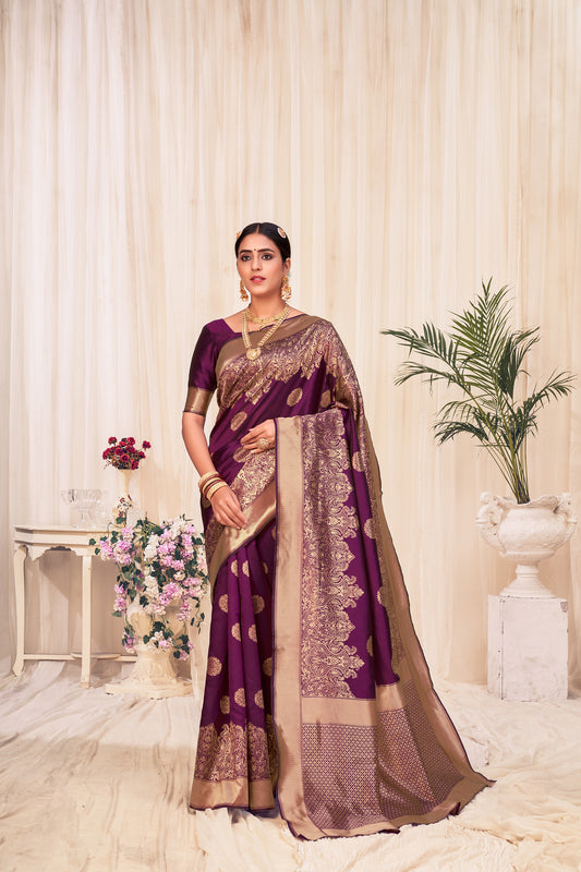 Wine Color Wedding Wear Banarasi Weaving Silk Saree For Women