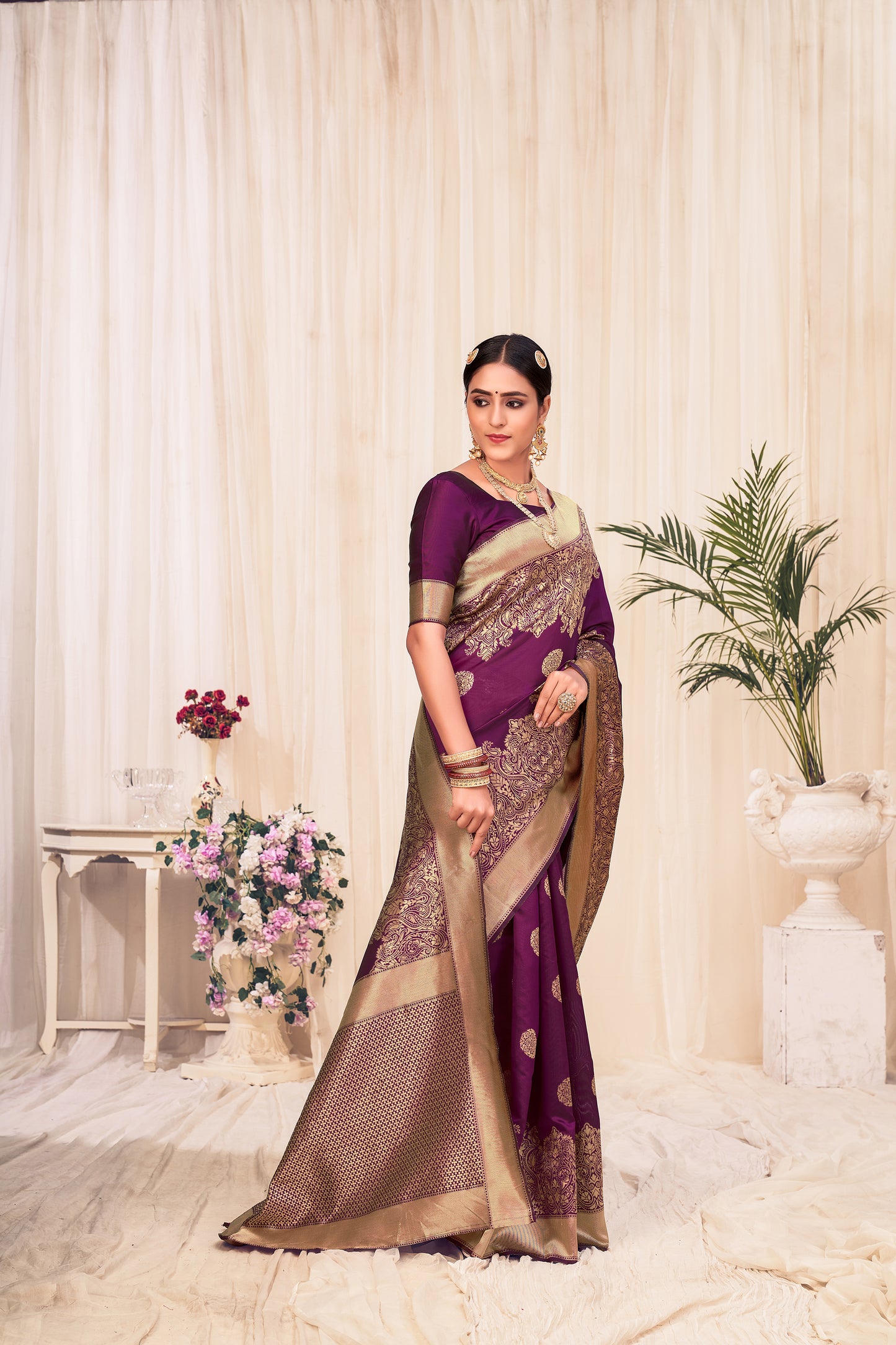 Wine Color Wedding Wear Banarasi Weaving Silk Saree For Women