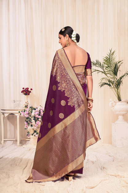 Wine Color Wedding Wear Banarasi Weaving Silk Saree For Women