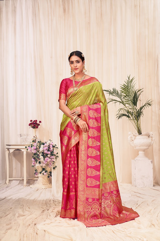 Lime Green Festive Wear Woven Banarasi Silk Saree