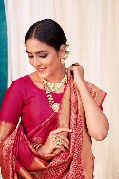 Dark Pink Festive Wear Woven Banarasi Silk Saree