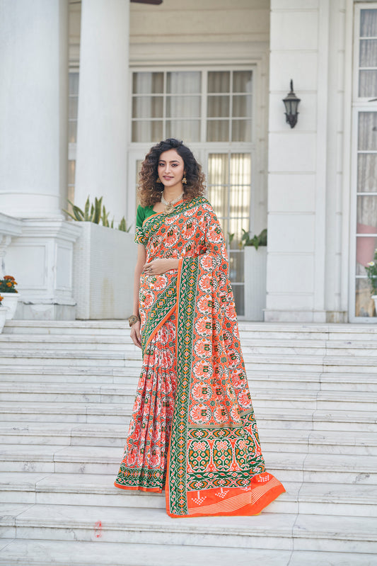 Orange Color Patola Designer Zari Work Party Wear Saree