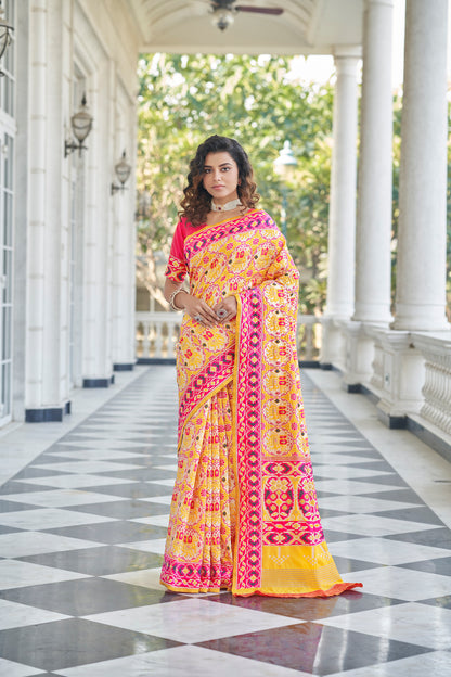 Yellow Color Patola Designer Zari Work Party Wear Saree