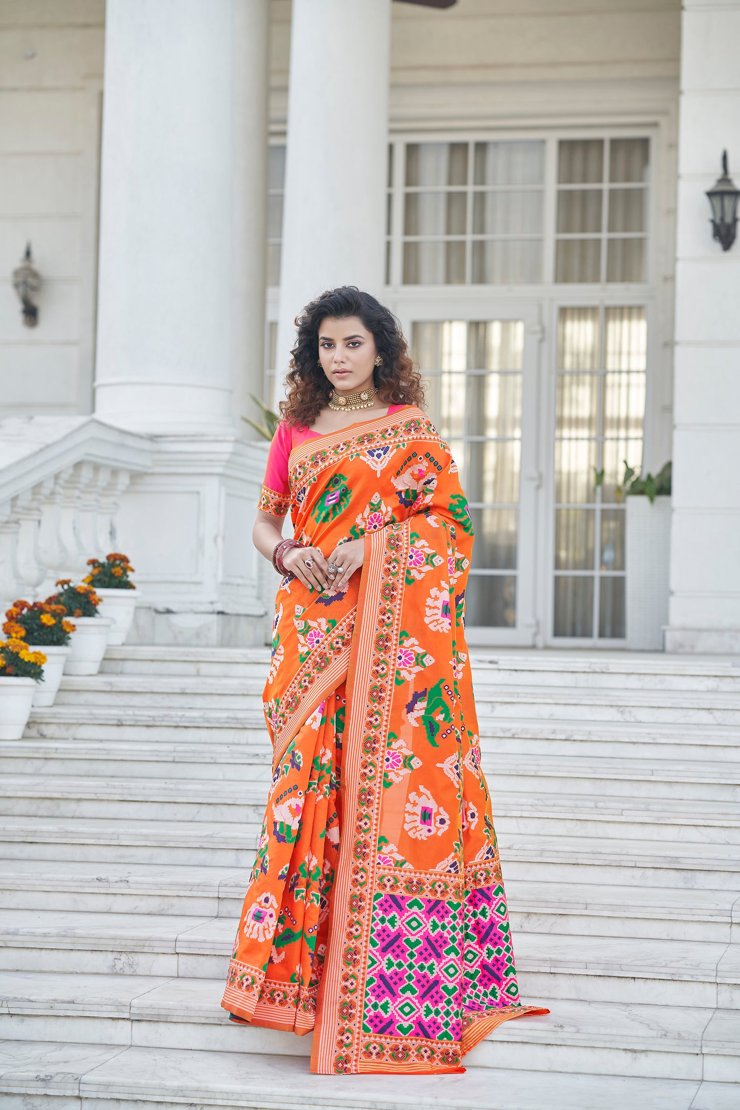 Orange Color Fancy Wear Patola Weaving SIlk Saree Collection