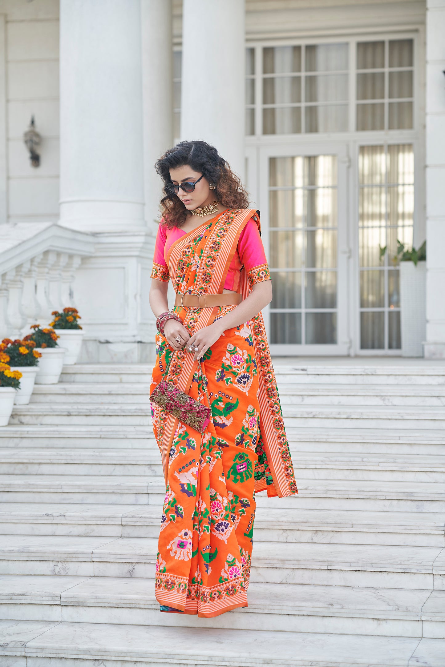 Orange Color Fancy Wear Patola Weaving SIlk Saree Collection