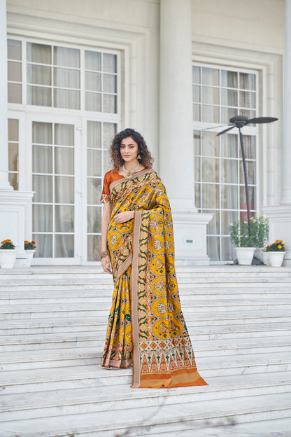 Mustard Color Beautiful Zari Patola Weaving Work Stylish Saree