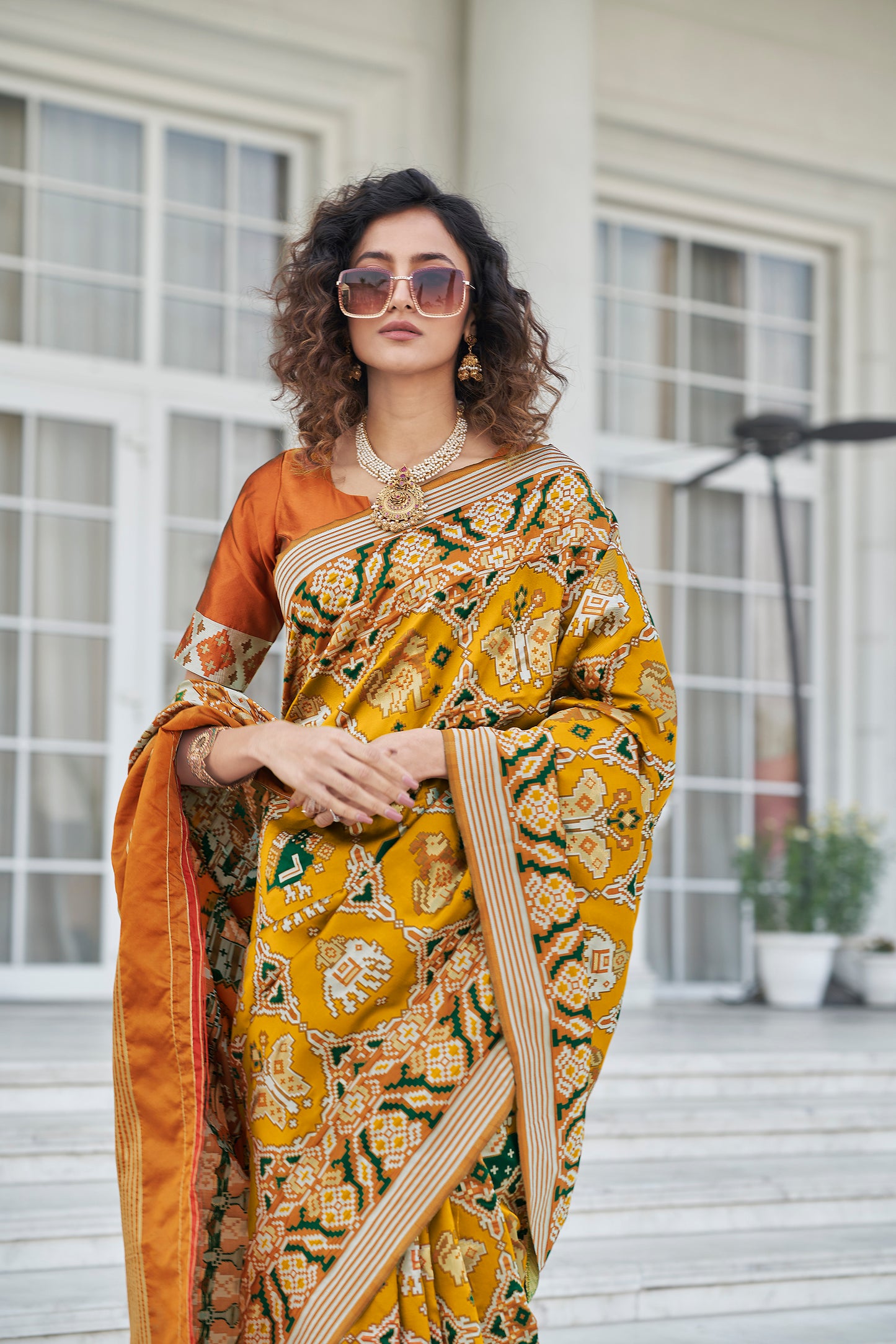 Mustard Color Beautiful Zari Patola Weaving Work Stylish Saree