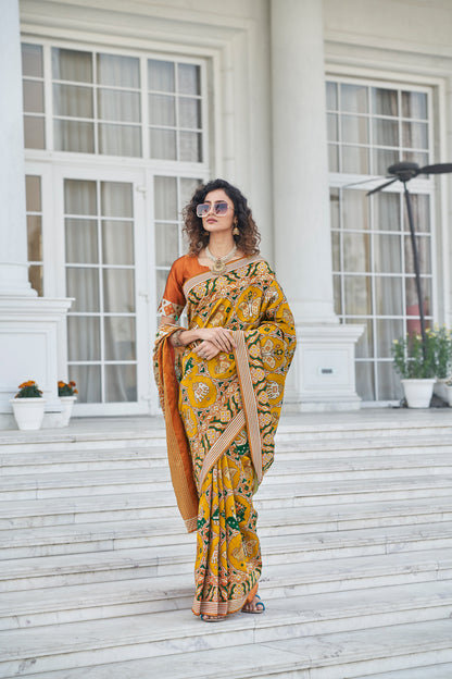 Mustard Color Beautiful Zari Patola Weaving Work Stylish Saree