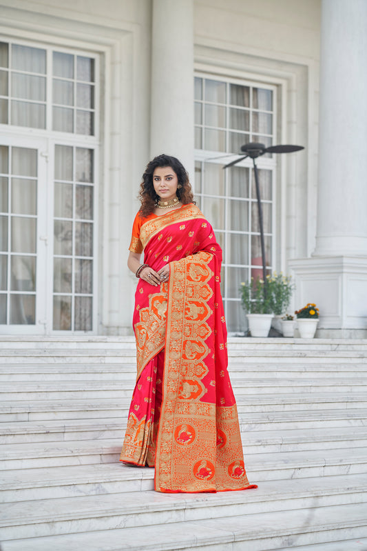 Pink Soft Banarasi With Zari Weaving Silk Saree