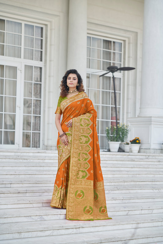 Orange Soft Banarasi With Zari Weaving Silk Saree