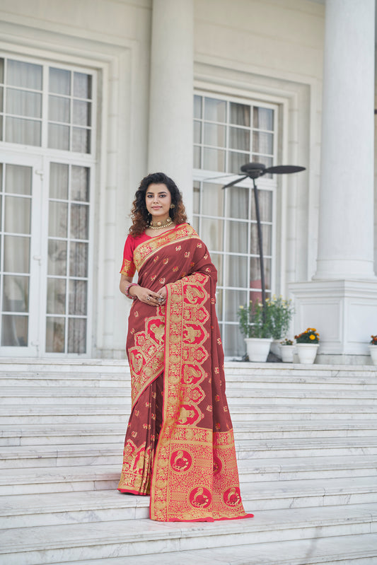 Brown Soft Banarasi With Zari Weaving Silk Saree
