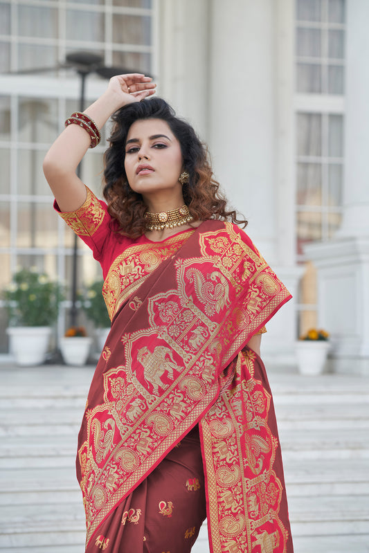 Brown Soft Banarasi With Zari Weaving Silk Saree