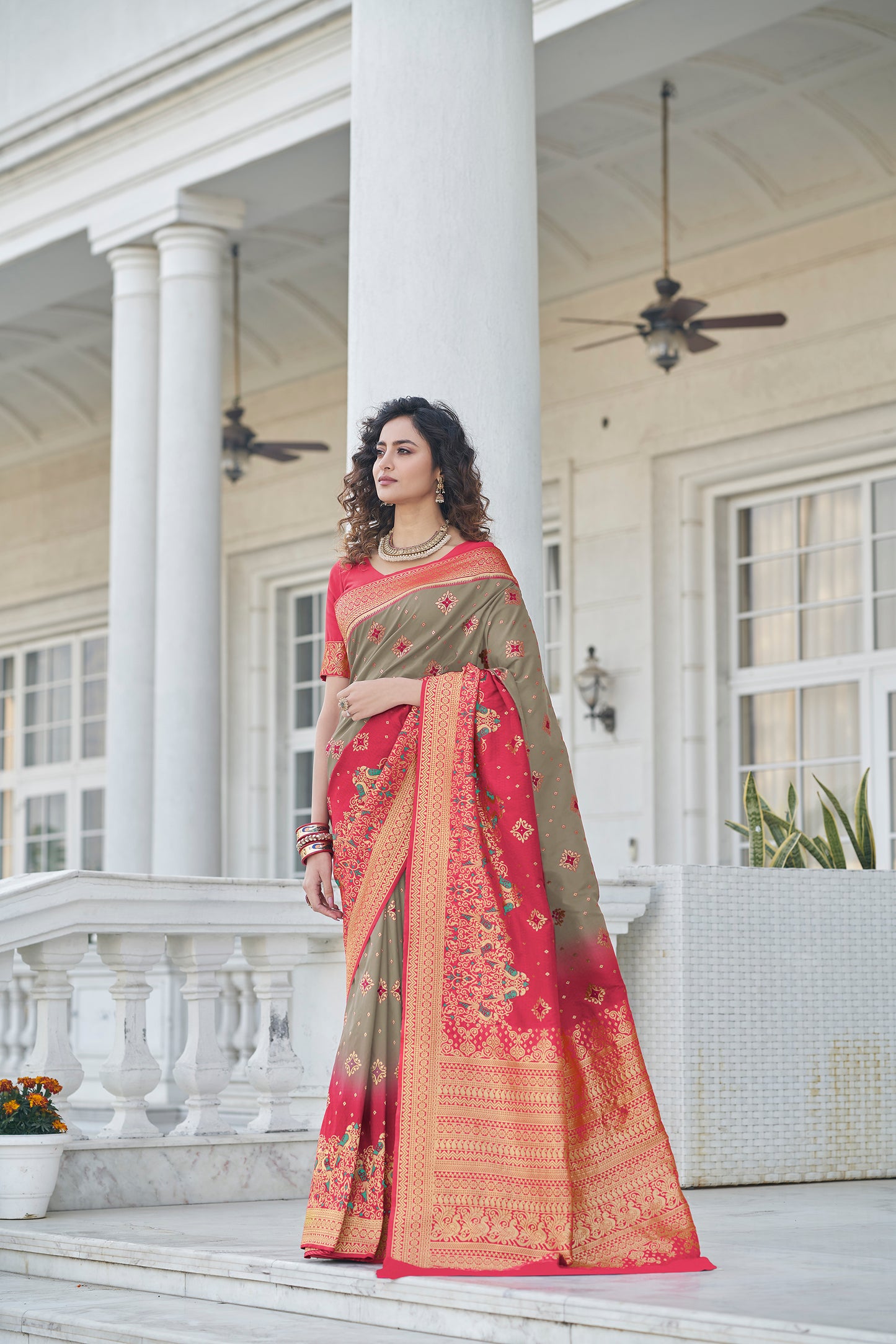 Grey Soft Banarasi With Zari Weaving Silk Saree