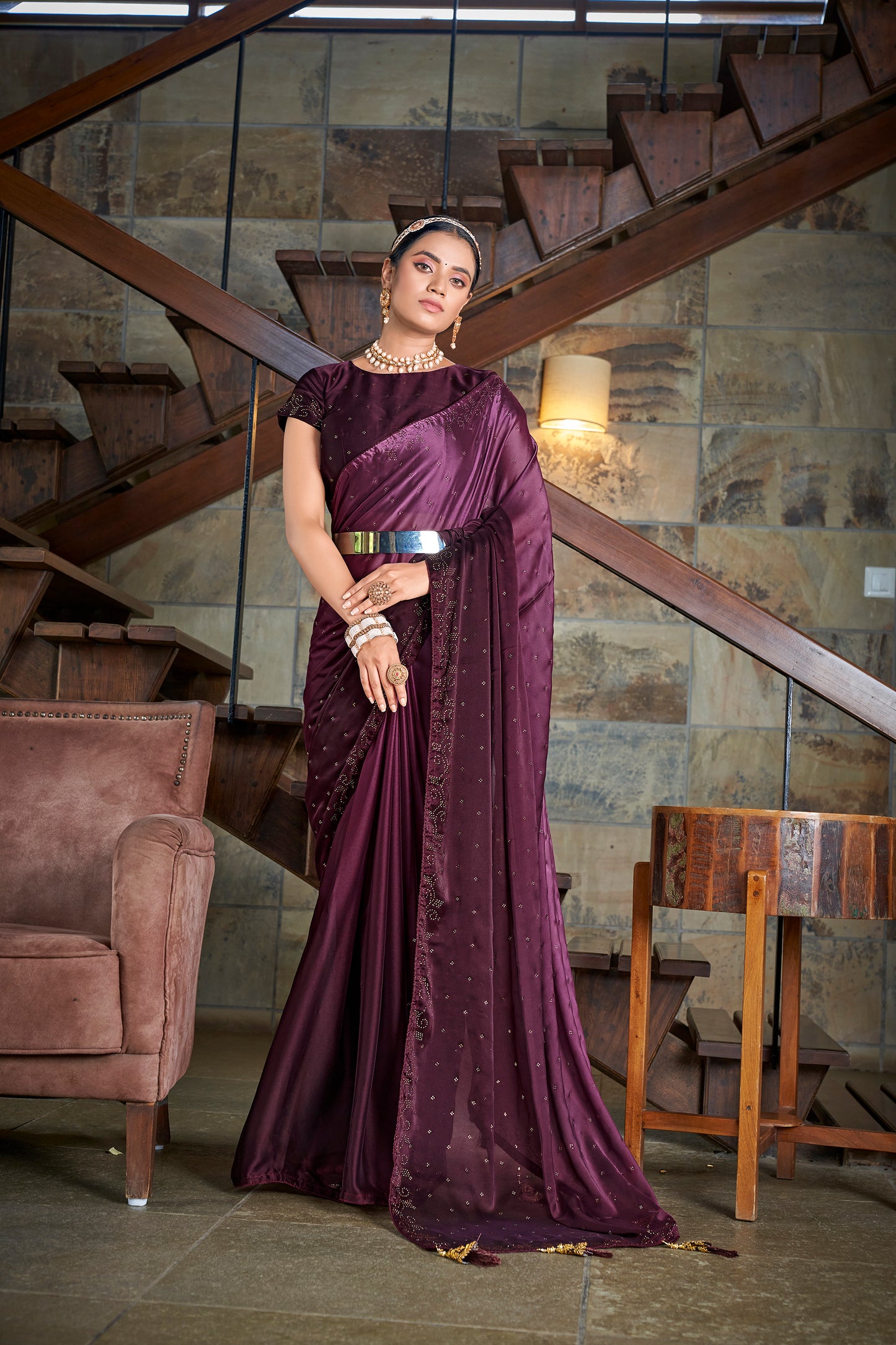 Purple Diamond Work With Thread & Sequence Saree