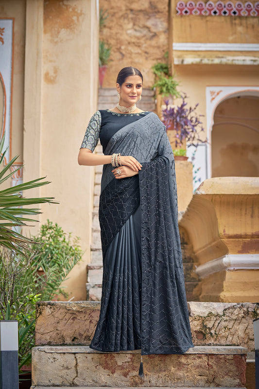 Grey Padding Chinon Thread With Sequins Work Saree