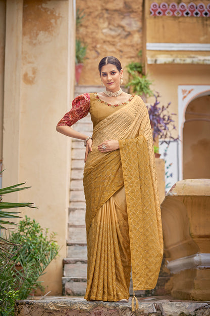 Base Yellow Color Padding Chinon Thread With Sequins Work Saree