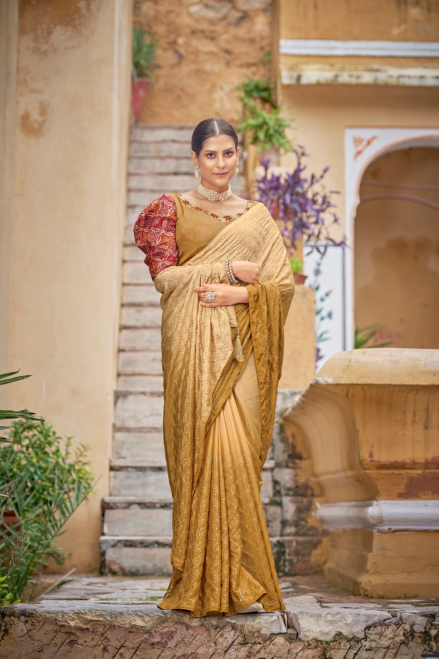 Base Yellow Color Padding Chinon Thread With Sequins Work Saree