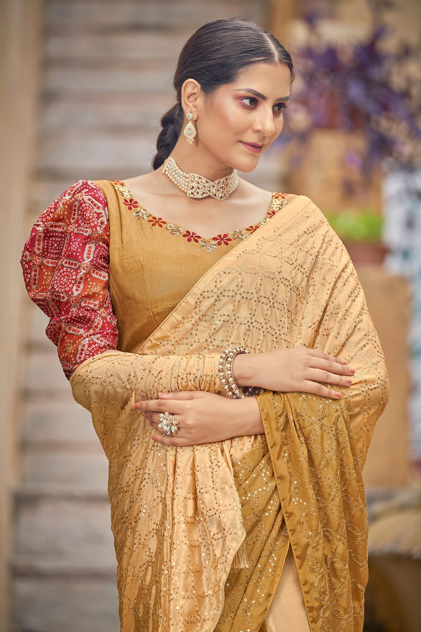 Base Yellow Color Padding Chinon Thread With Sequins Work Saree