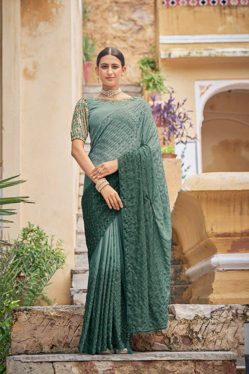 Green Color Padding Chinon Thread With Sequins Work Saree