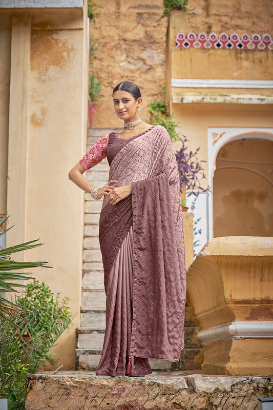 Dusty Pink Color Padding Chinon Thread With Sequins Work Saree