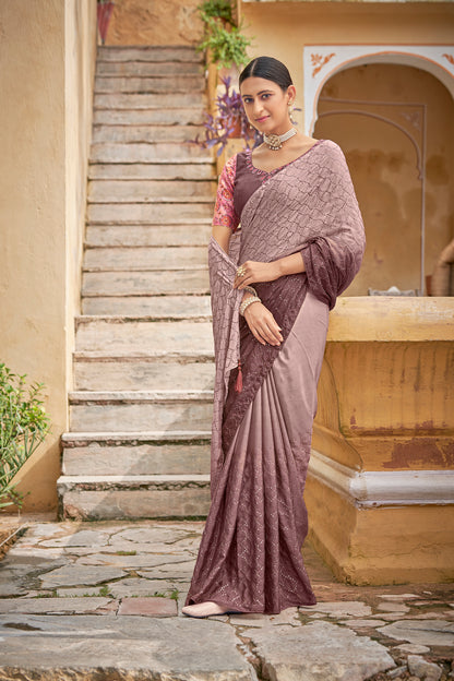 Dusty Pink Color Padding Chinon Thread With Sequins Work Saree