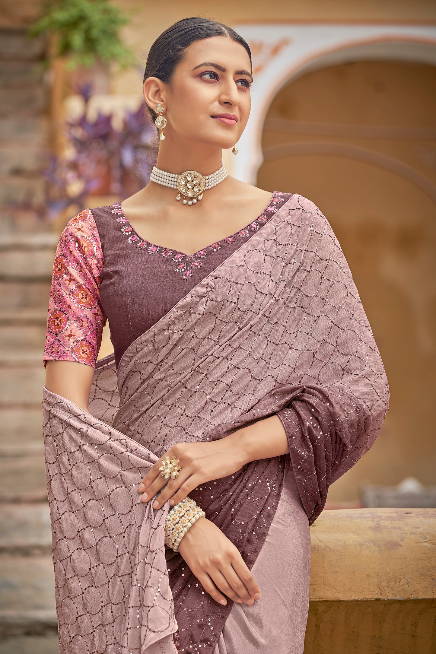 Dusty Pink Color Padding Chinon Thread With Sequins Work Saree