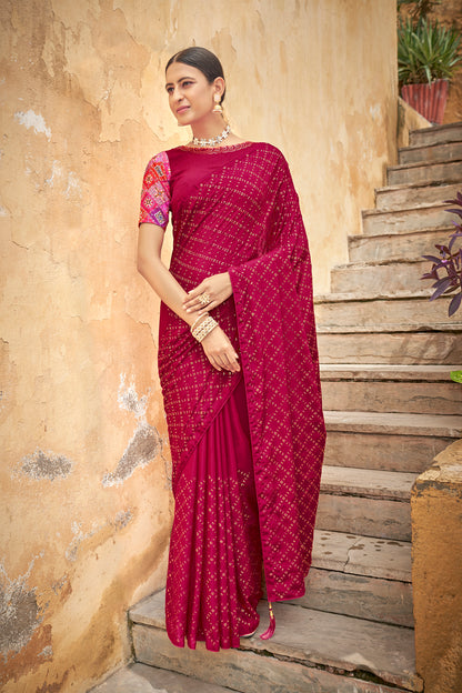 Dark Pink Color Padding Chinon Thread With Sequins Work Saree