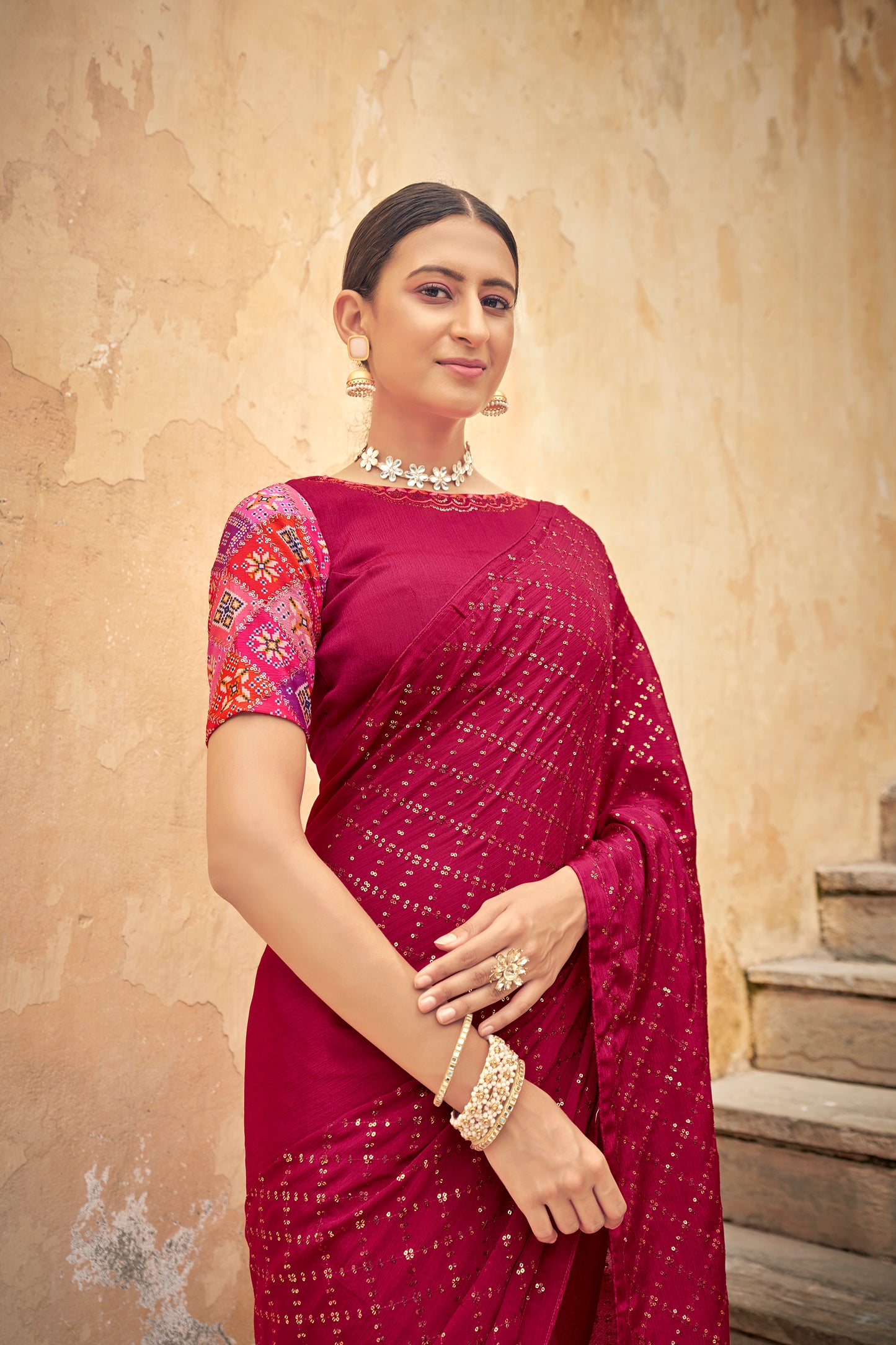 Dark Pink Color Padding Chinon Thread With Sequins Work Saree