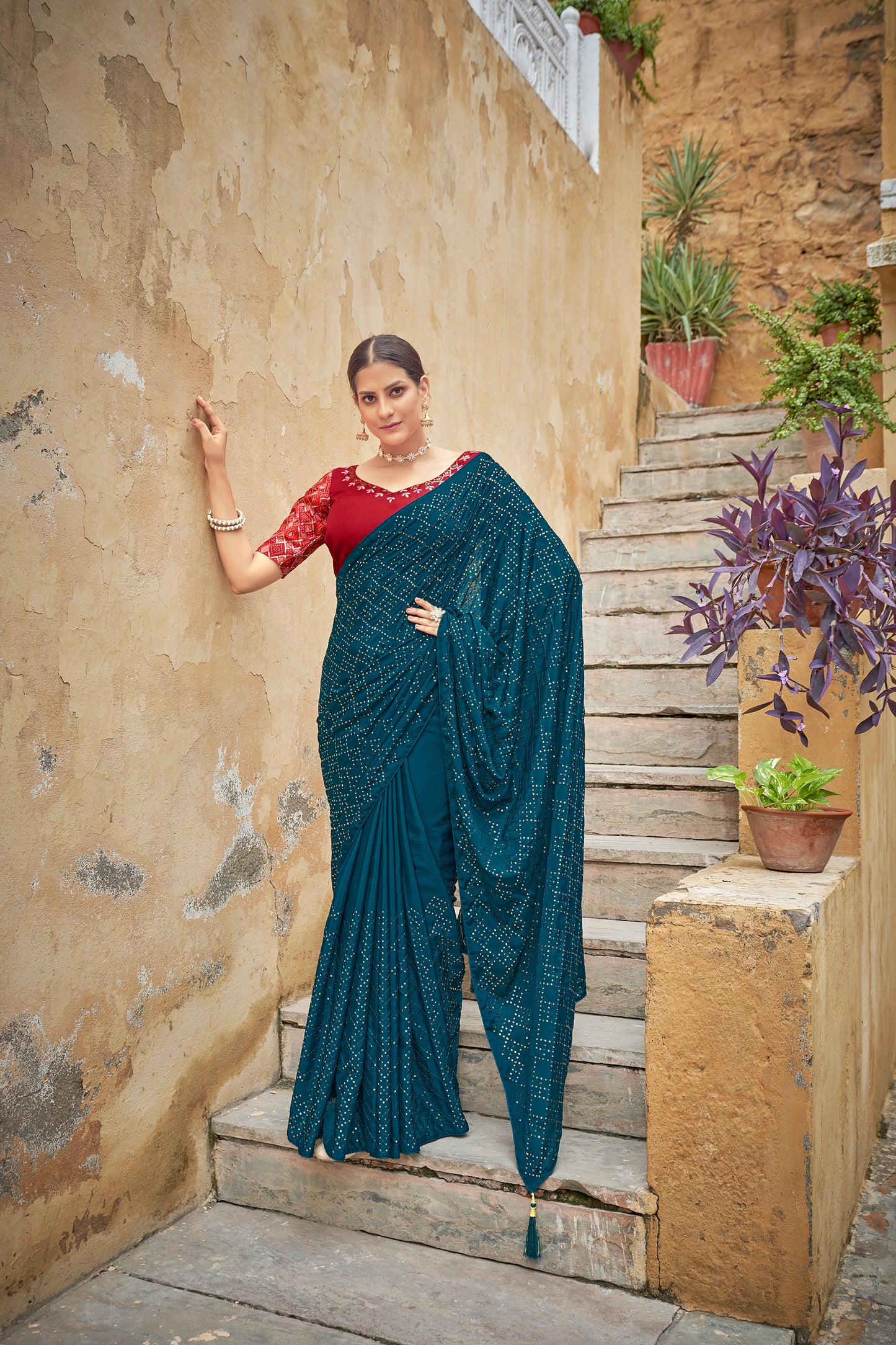 Teal Blue Color Padding Chinon Thread With Sequins Work Saree