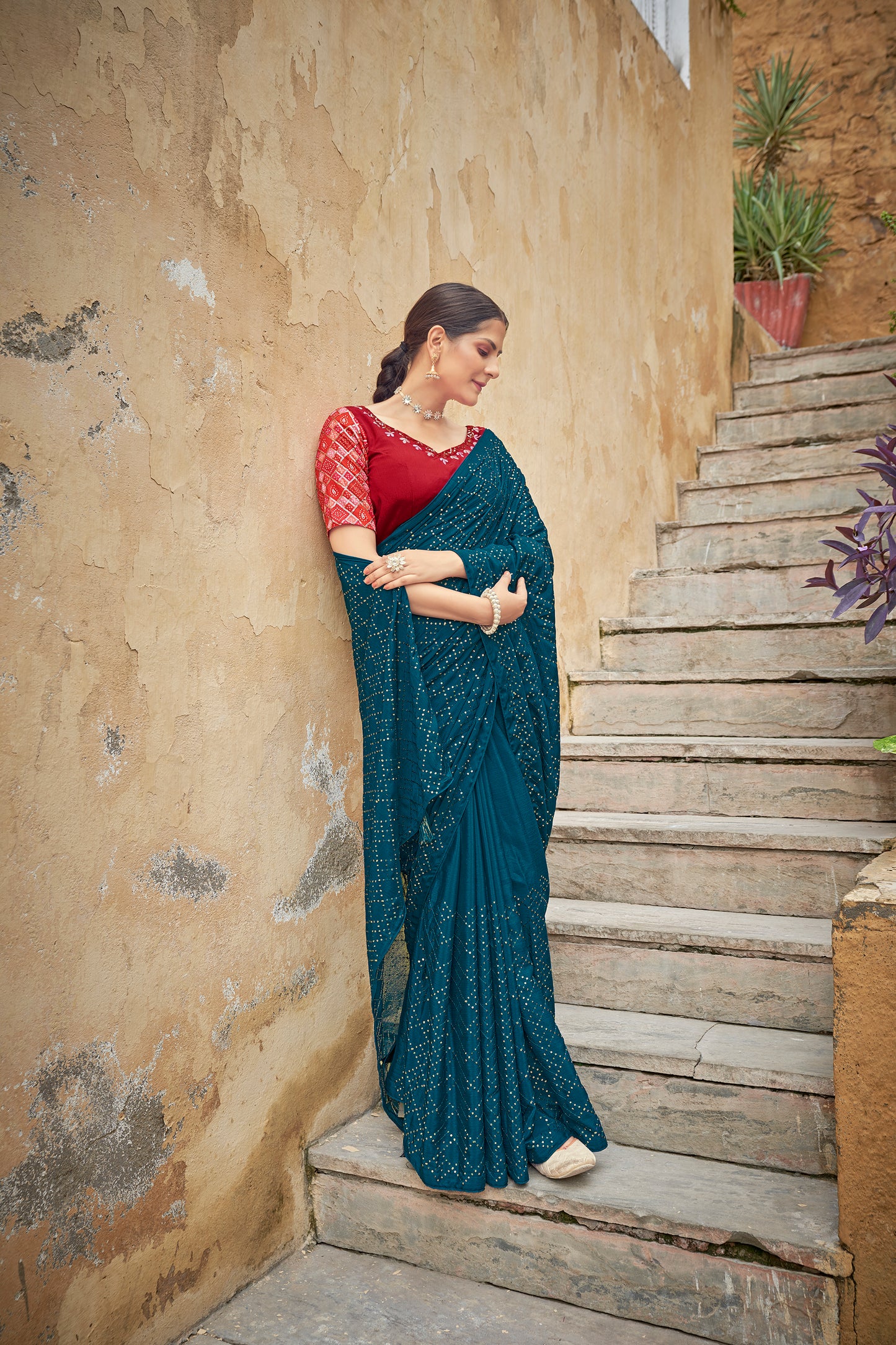 Teal Blue Color Padding Chinon Thread With Sequins Work Saree