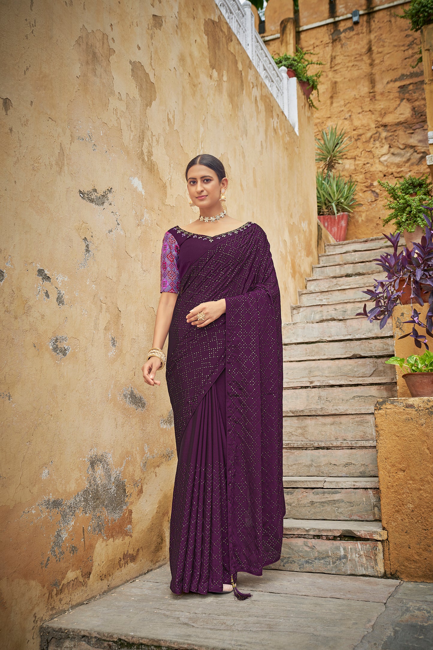 Purple Color Padding Chinon Thread With Sequins Work Saree