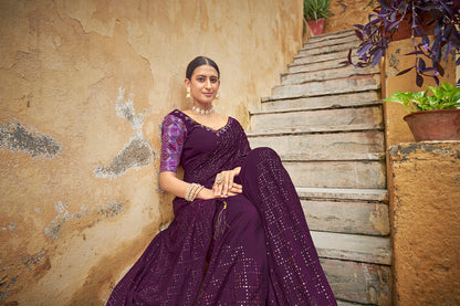 Purple Color Padding Chinon Thread With Sequins Work Saree