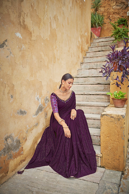 Purple Color Padding Chinon Thread With Sequins Work Saree