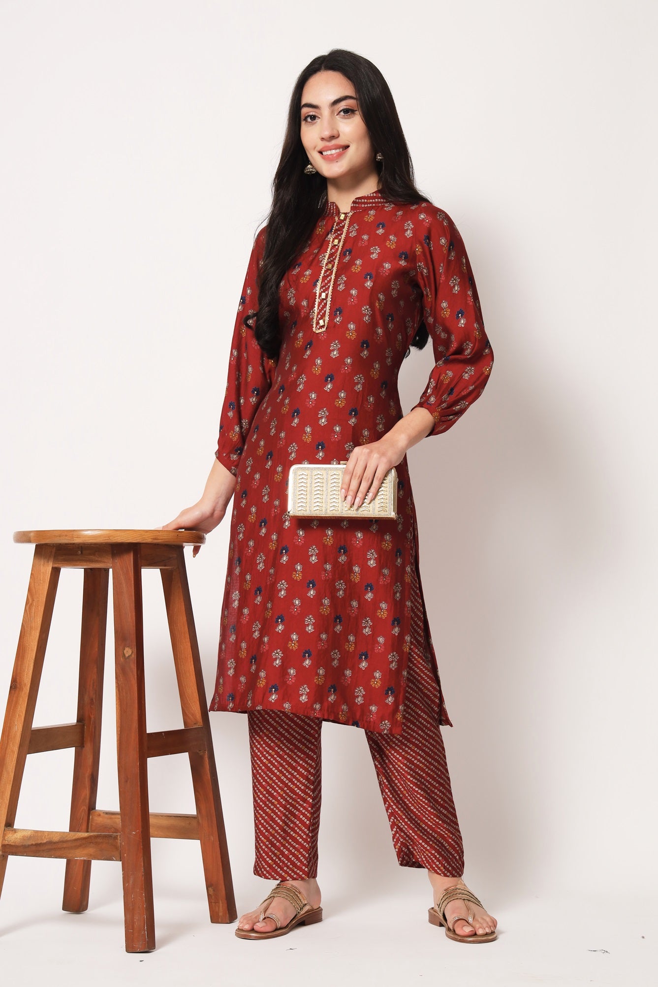 Red Color Office Wear Chanderi Silk Stitched Foil Print Kurta Pant Set