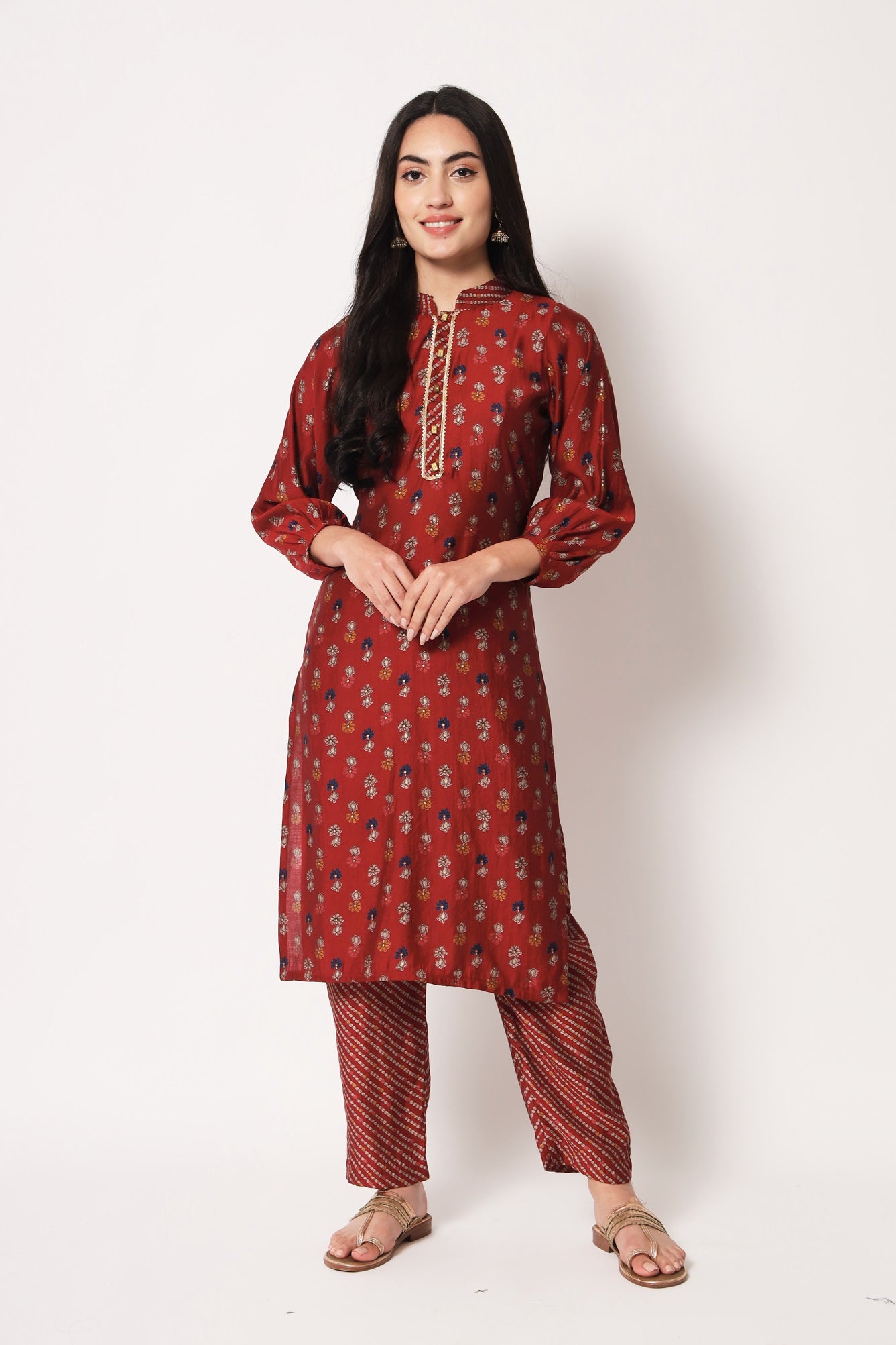 Red Color Office Wear Chanderi Silk Stitched Foil Print Kurta Pant Set