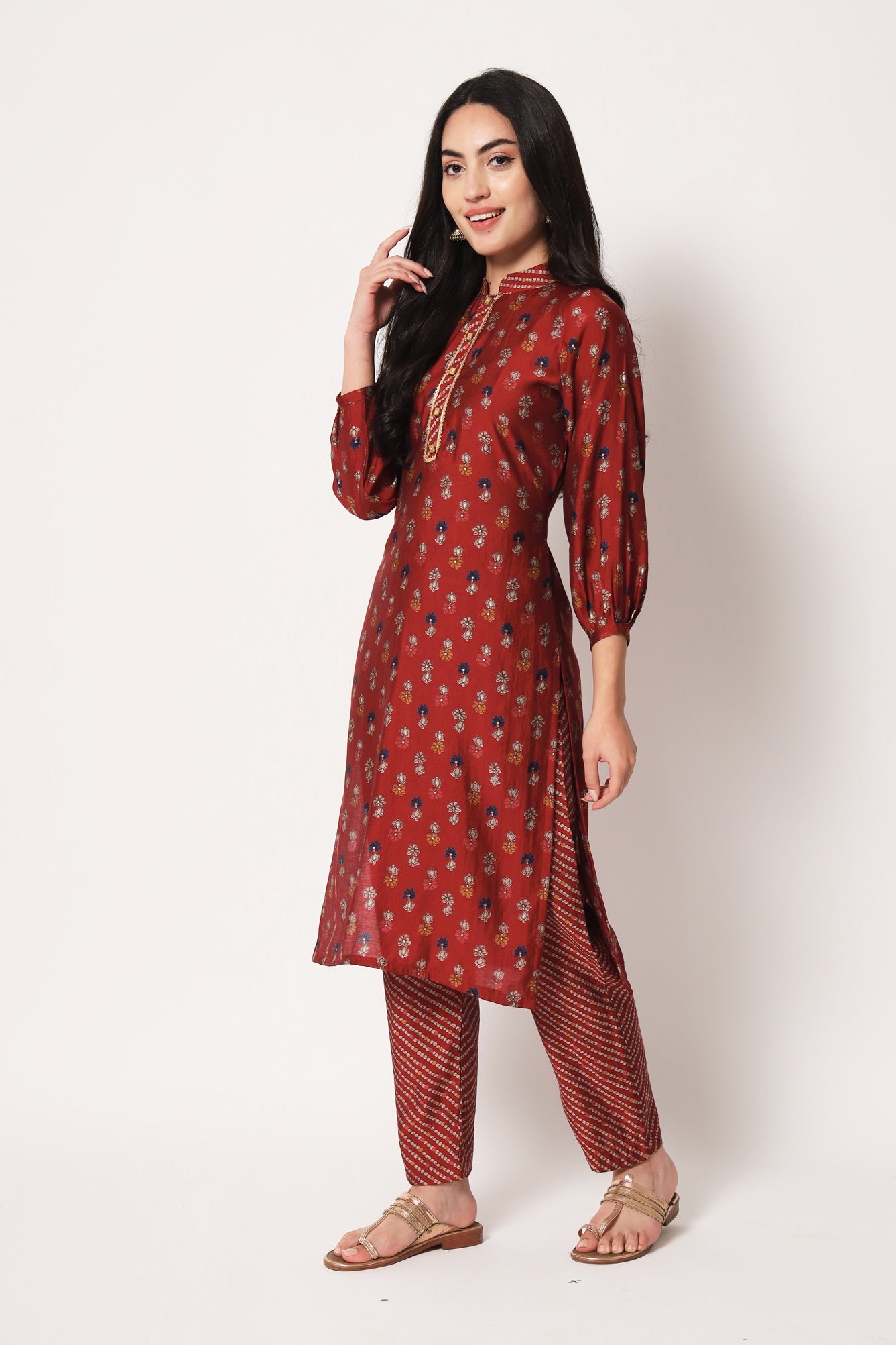 Red Color Office Wear Chanderi Silk Stitched Foil Print Kurta Pant Set