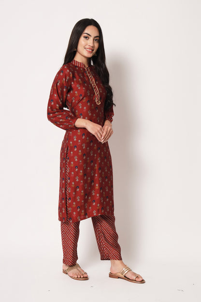 Red Color Office Wear Chanderi Silk Stitched Foil Print Kurta Pant Set